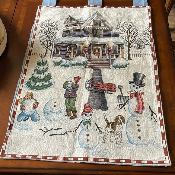 Victorian house Winter Holiday Snowmen Children play Beagle wall tapestry - Picture 1 of 10